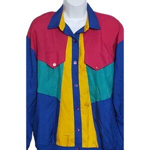 St Germaine Vintage 80s Womens Top Light Jacket Color Block Pockets Medium